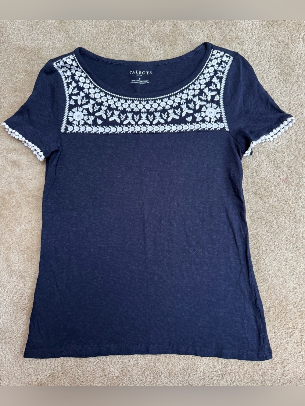 Talbots Sz Petite (S) Navy Short-Sleeve Tee with White Embroidered Yoke